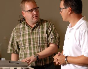 Jan Genzer (left) chats with an engineering colleague Dr. Kirill Efimenko, Research Assistant Professor in the CBE.department, his EB1 lab on Centennial Campus. PHOTO BY ROGER WINSTEAD